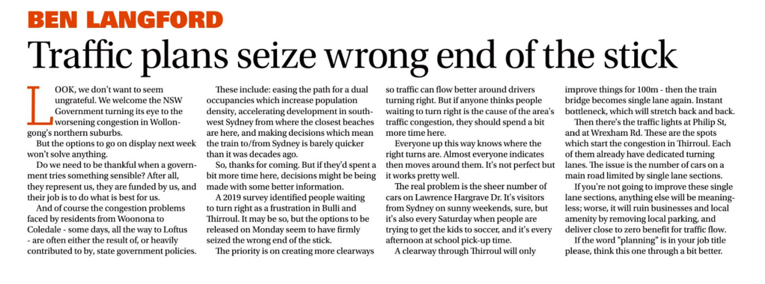 JUN 2020 Merc Traffic Plan Wrong End Of The Stick BenLangfordOpinionPiece